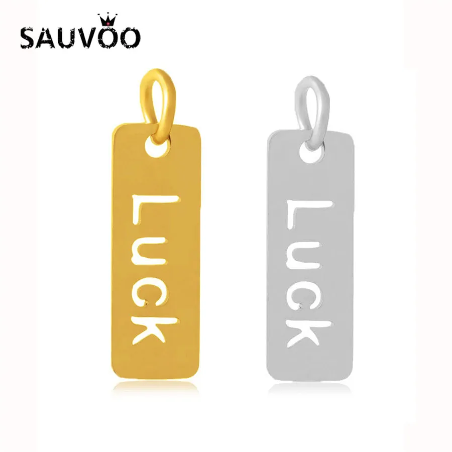 SAUVOO 2Pcs/lot Gold Color Stainless Steel Hollow Rectangle Charms Pendant Engraved Luck Letter Word Tag Charm For Diy Bracelet | Украшения
