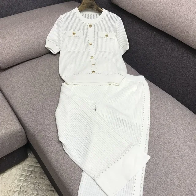 white CBAFU, Вязанный костюм с широкими штанами, женский летний свитер с металлической пряжкой и дырочками, комплект из 2 предметов, вязаный женский комплект D760 - Цвет: white
