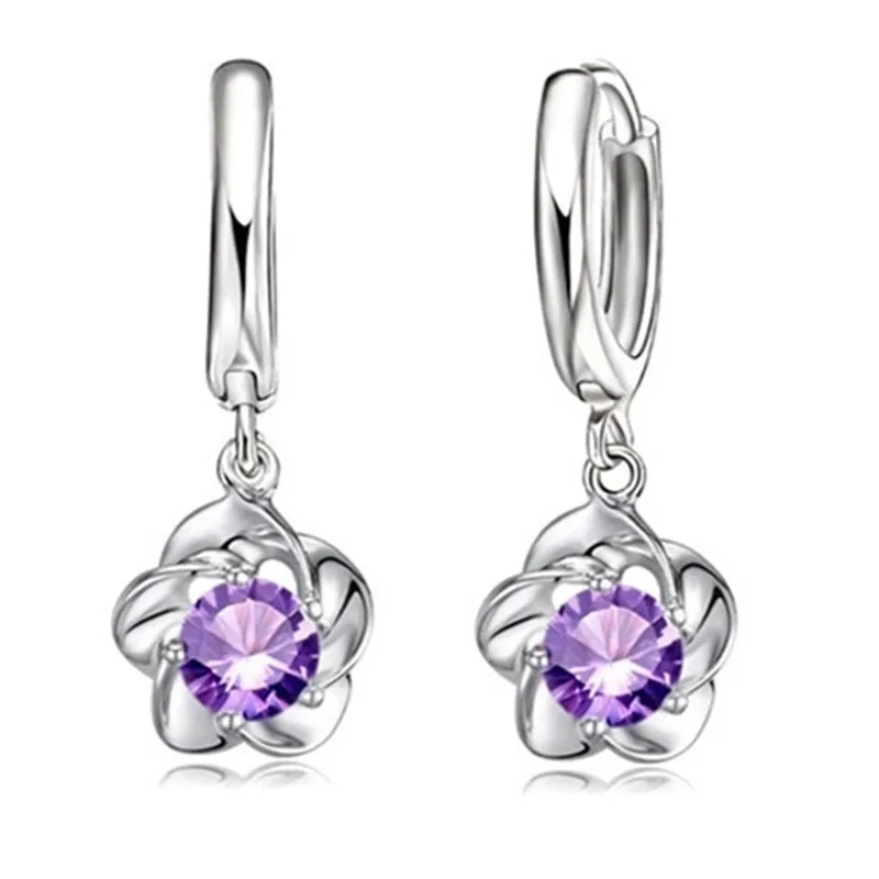 

Pure Solid 925 Sterling Silver Woman Lever Back Earrings Shining AAA Zircon Stones White Purple Flower Ear Decoration
