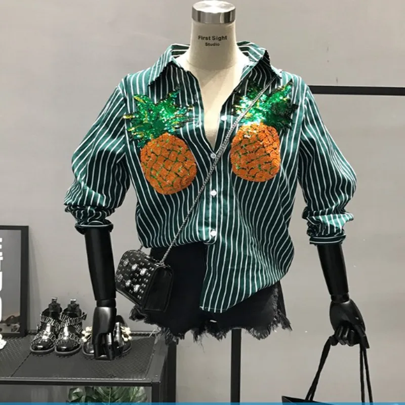 Negash Бренд Осень Весна Корейская мода бисер блёстки ананас узор хлопковая рубашка