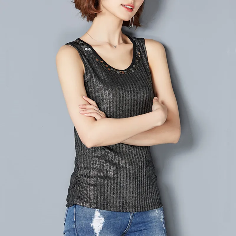 Новинка 2017 Женские повседневные топы на бретельках с пайетками облегающие без