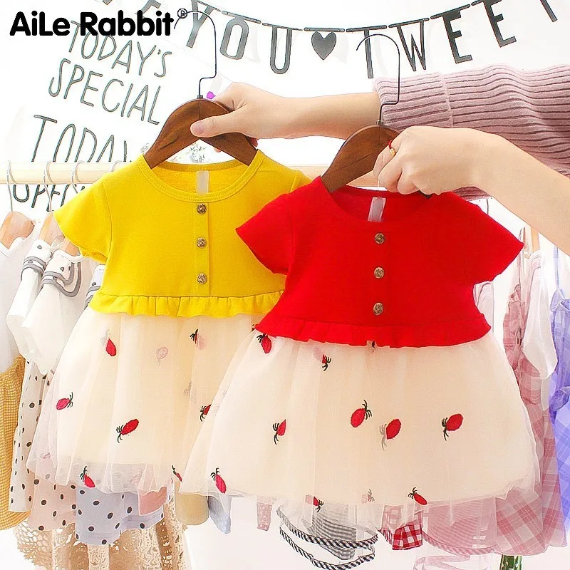 Aile Rabbit/Коллекция года, новое летнее платье для малышей Сетчатое платье принцессы для девочек детская одежда из хлопка, праздничное платье для первого дня рождения детская одежда