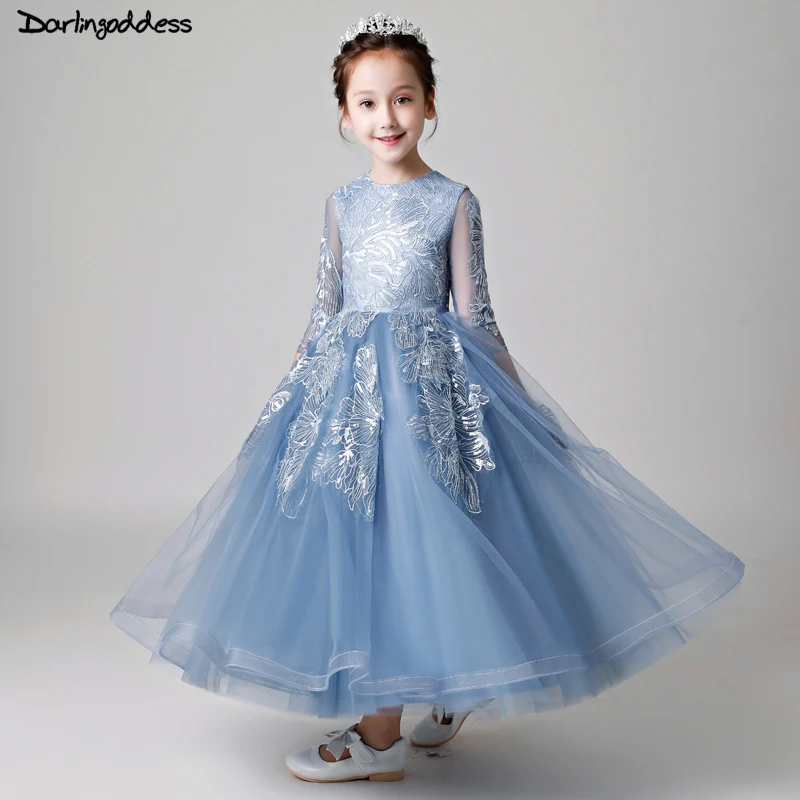 Бордовые, темно-синие кружевные платья с цветочным узором для девочек, вечерние и свадебные платья с длинными рукавами для девочек, детское платье для первого причастия