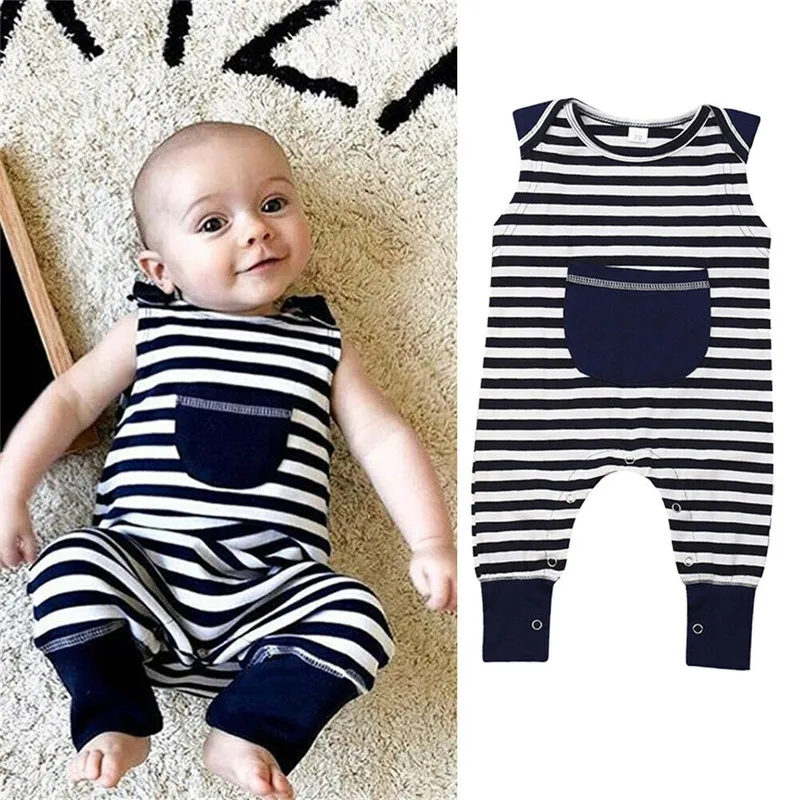 Summer Sleeveless Pocket Striped O-Neck Outfit Jumpsuit Costume Clothes Clothing Newborn Infant Toddler Baby Boy Girl Romper | Мать и