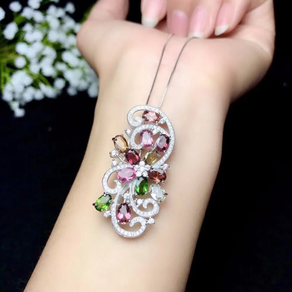 Dual-use style natural tourmaline brooch beautiful colors 925 silver gemstones certificate | Украшения и аксессуары