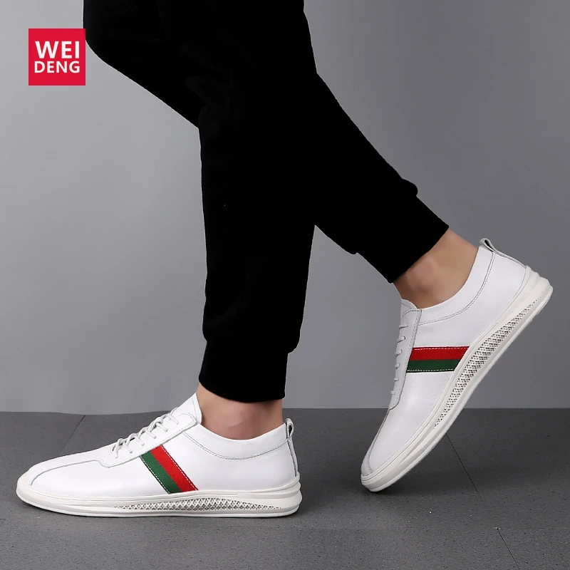 

WeiDeng Men Casual Cow Genuine Leather Flats Soft Shoes Lace Up Fashion Male Shoes Comfortable High Quality Plus Size