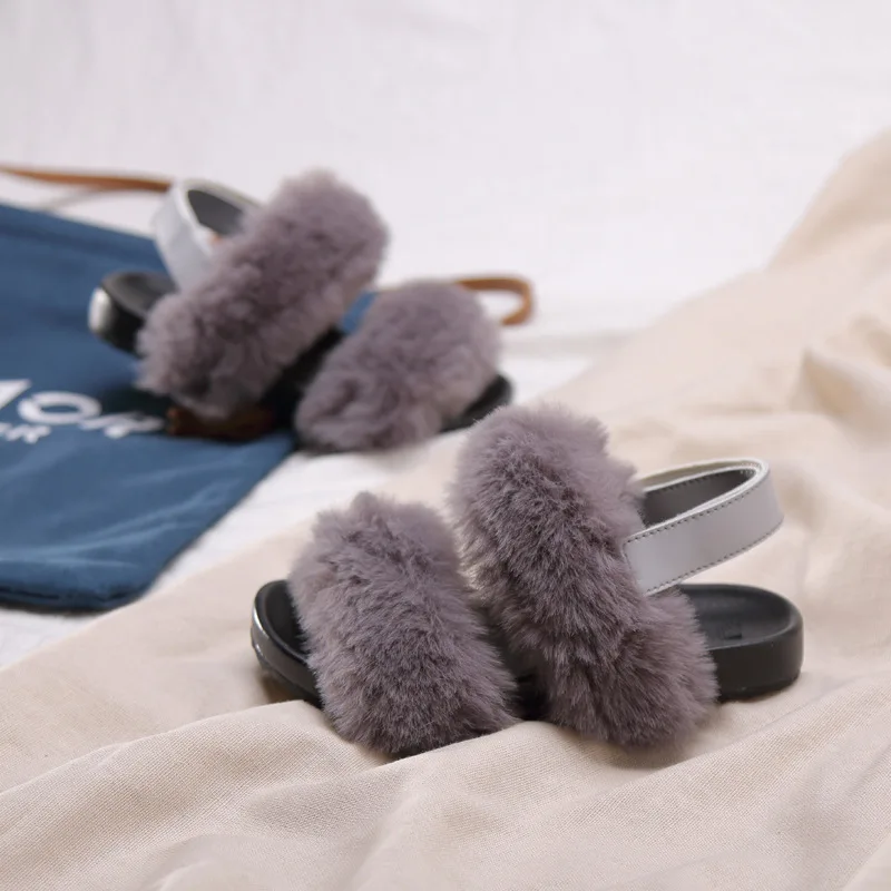 Модные сандалии с кроличьим мехом для девочек Сезон лето весна осень Стильная