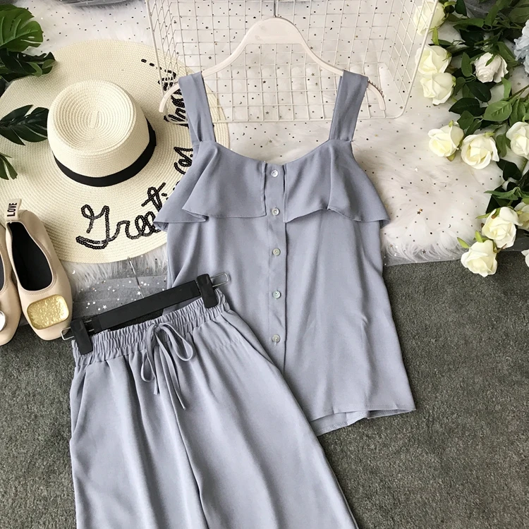 ALPHALMODA/ летний однобортный Топ с оборками+ широкие брюки, Женский повседневный комплект из 2 предметов, женские летние однотонные штаны, костюмы
