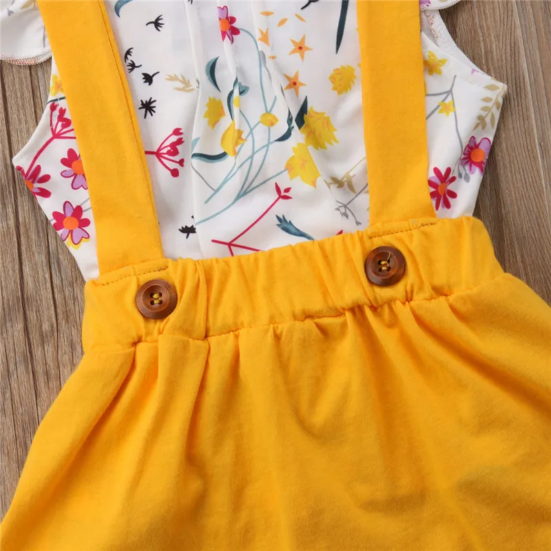 Summer Children's Clothing New 2018 Toddler Kids Baby Girls Floral Printed Short Sleeve Tops+Belt Skirt Overalls Outfits | Мать и