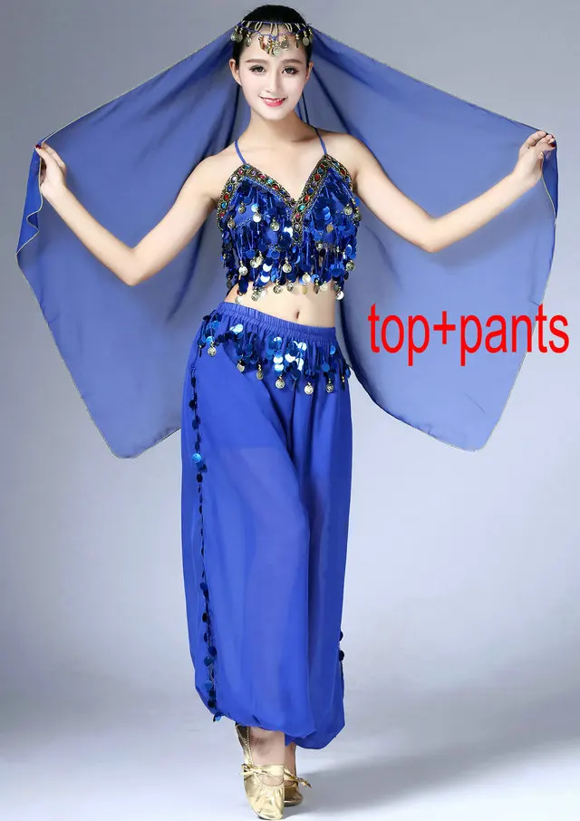 Top Pants Костюм для танца живота с блестками для девочек топ бюстгальтер на бретельках с завязкой вуаль Женская Клубная одежда костюм комплект фестиваль Болливуд Восточный танец наряд - Цвет: Top Pants