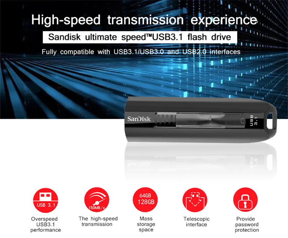 SanDisk CZ800 Экстремальный USB флеш-накопитель 64 ГБ 128 ГБ USB 3,1 флеш-накопитель cle USB флеш-накопитель высокоскоростной флеш-накопитель 128 ГБ флеш-карта памяти