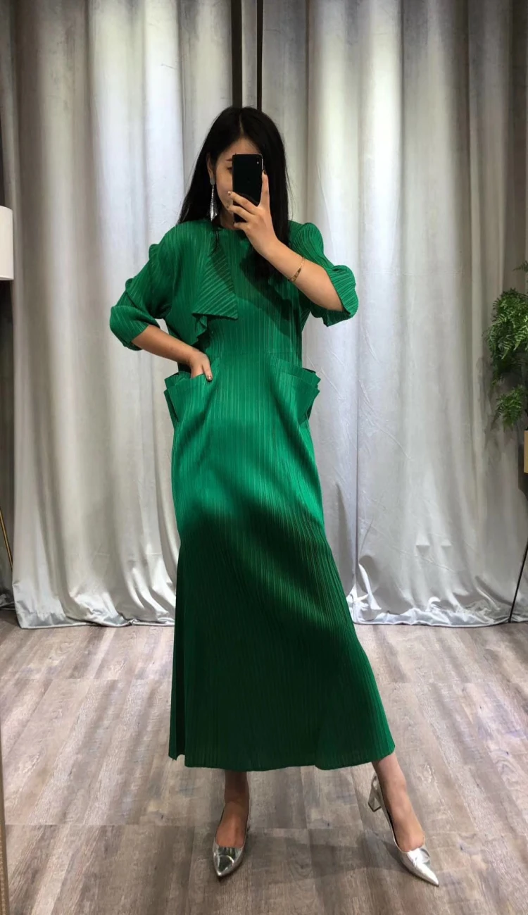 Changpleat Весна Лето Новое Женское платье Miyak Плиссированное модное тонкое эластичное приталенное с карманами одноцветное женское Макси-платье