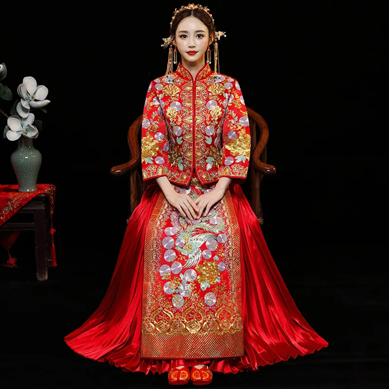 Китайский стиль шоу костюм 2019 Дракон вечернее платье невесты свадьба cheongsam Поезд