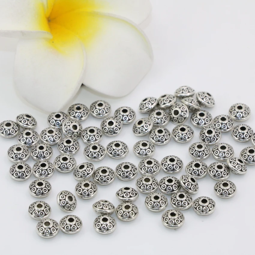Модные тибетские Серебристые спейсеры аксессуары бусины 4*7 мм 20 шт. круглая форма