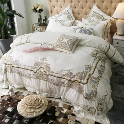 color 2 100S из египетского хлопка вышивка Роскошный Королевский Постельное белье 4/6 шт. King queen отель Комплект постельного белья с пододеяльником и наволочками с узором из белого и синего цвета - Цвет: color 2
