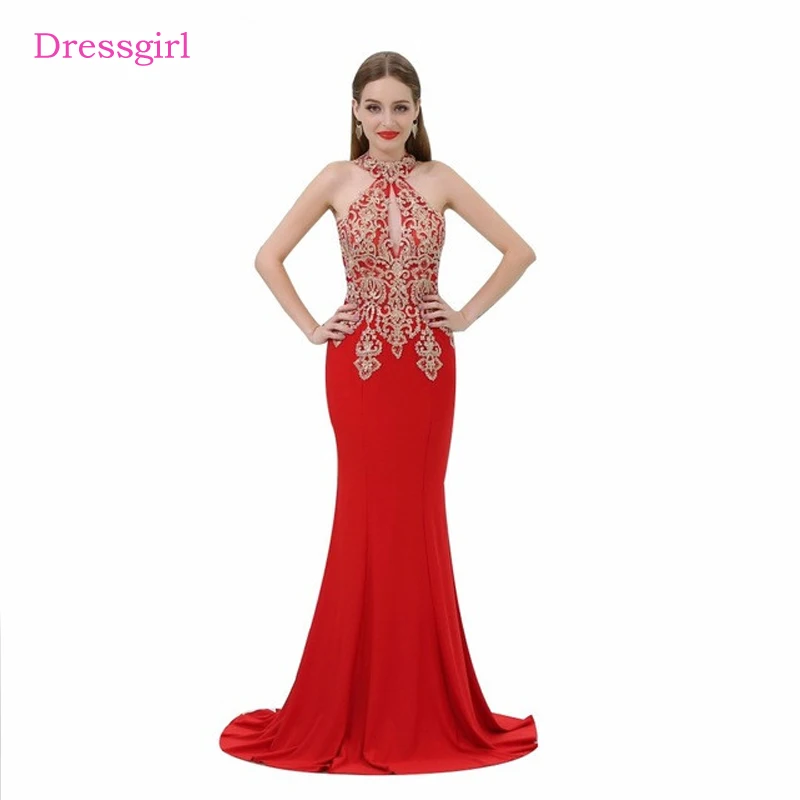 

Женское вечернее платье с юбкой годе, красное Элегантное Длинное платье с кружевной вышивкой и лямкой на шее, с аппликацией из бисера, для вы...