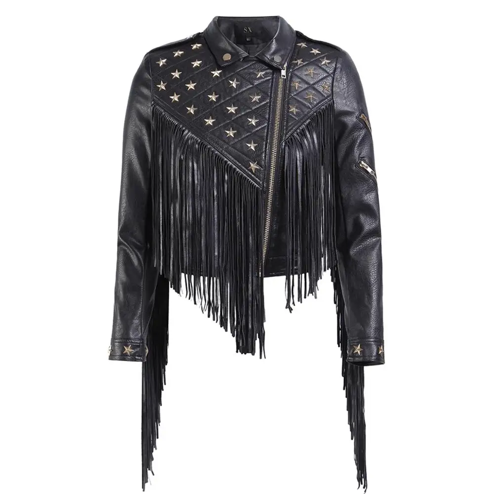 Enlarge SX 2019 autumn winter new fashion female short Slim fit pu leather black motorcycle beading rivet tassel leather jacket