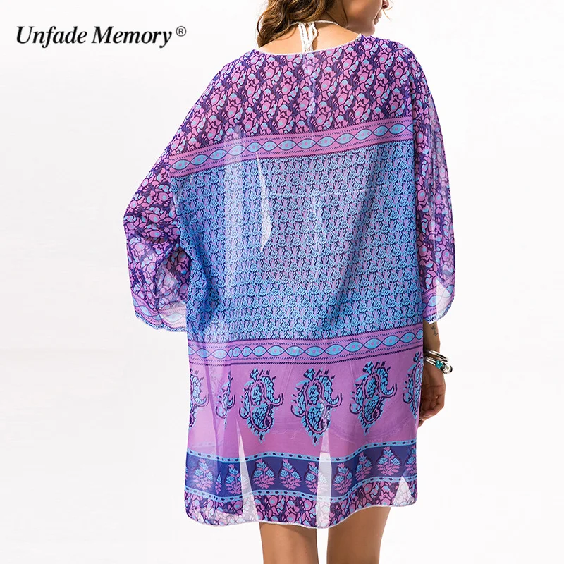 Для женщин шифон рубашки Boho принт летние пляжные Повседневное Свободные пиджаки