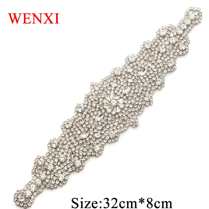 

WENXI 10PCS Handmade Luxury Clear Sliver Crystal Rhinestones Applique For Wedding Dress Waistband DIY Bride Gown Sash WX859