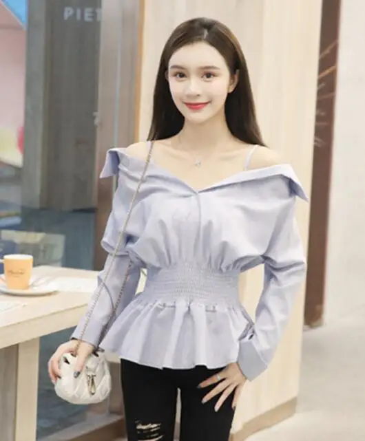 long sleeveGrey blue Сексуальные топы, хит, женский дизайн, Осенний топ на тонких бретелях с открытыми плечами, Топ с длинным рукавом, топ с баской, черная, белая, милая рубашка, блузки, 7127 - Цвет: long sleeveGrey blue