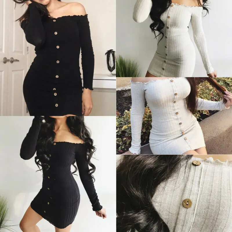 Вязаное облегающее платье с длинным рукавом однотонное короткое на пуговицах