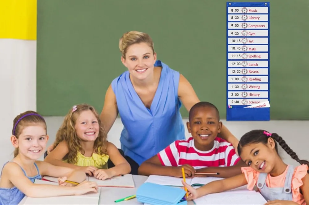 Godery Scheduling Pocket Chart, 13+1 Pocket, Daily Class Schedule Pocket Chart with 18 Dry-Eraser Cards, Ideal for Classroom