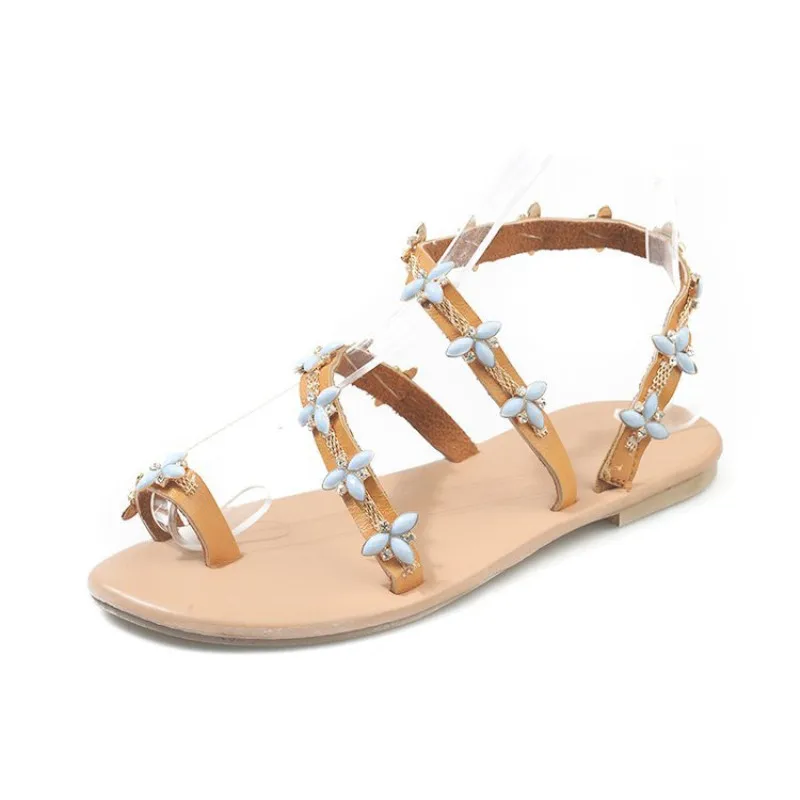 Женские сандалии с цветами и стразами летние однотонные удобные открытым носком