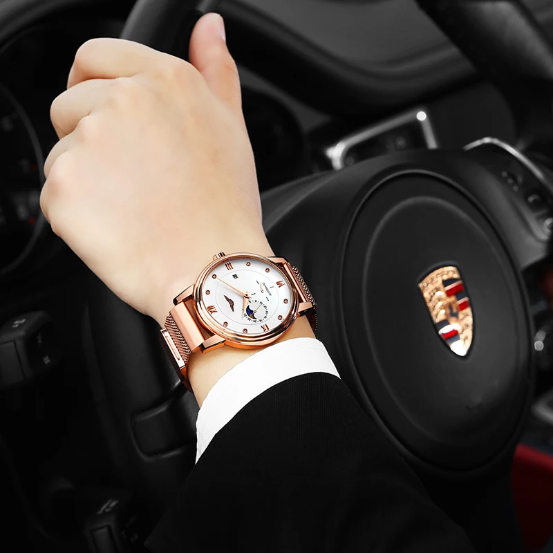 GUANQIN механические Роскошные Брендовые мужские деловые автоматические часы с фазой Луны Мужские полностью стальные водонепроницаемые наручные часы Relogio Masculino A