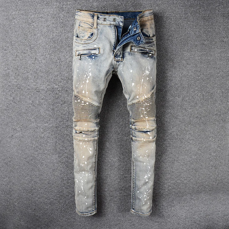 Высокая уличная мода мужские джинсы Ретро Промытые краски дизайнер Slim Fit соединенный внакрой деним брюки карго уличная моторный байкер джинсы Homme