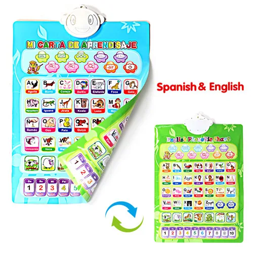 spanish english Электронные настенные подвесные диаграммы арабский, французский, испанский, английский двухсторонний, многофункциональный Алфавит Номер обучающая машина для детей - Цвет: spanish english