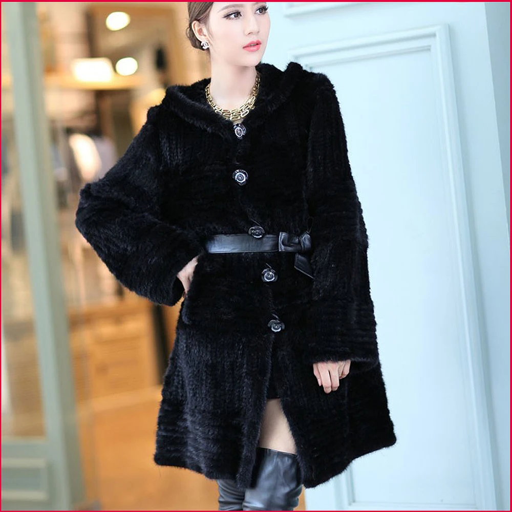 winter women 100% real mink fur jacket with hood. lady Luxury genuine knit outerwear band coat | Женская одежда