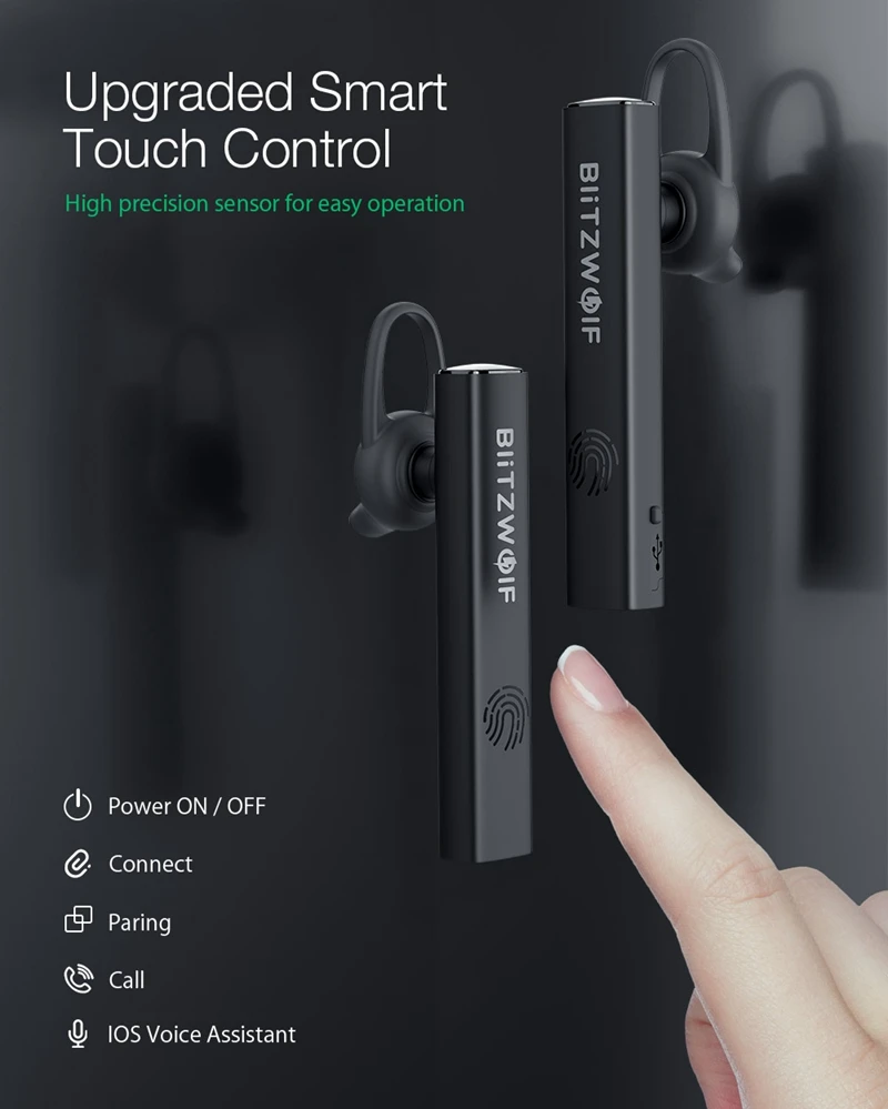 BlitzWolf BW-BH1 беспроводные bluetooth наушники HiFi мини светильник Smart Touch HD звонки шумоподавление одиночные наушники гарнитура