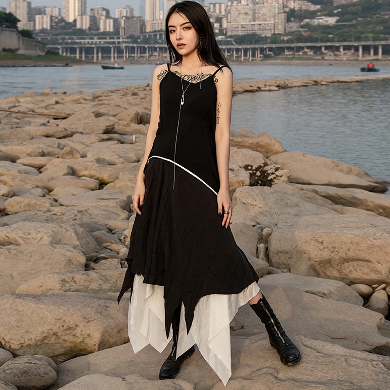Новый 2019 Для женщин летние однотонные черные асимметричное платье с юбкой солнце