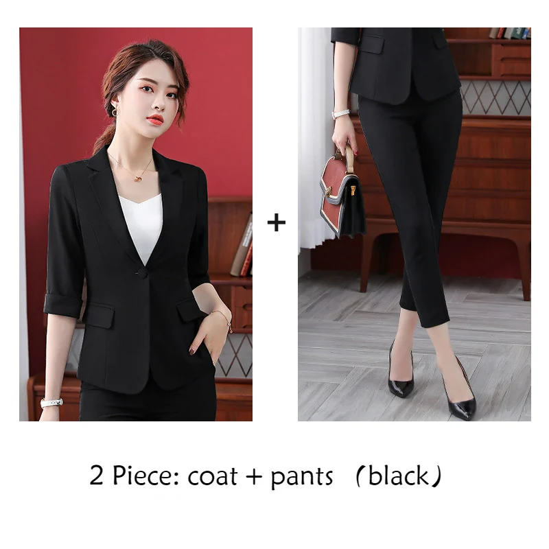 black coat pants Женский костюм весенне-летние приталенные карамельные блейзеры с рукавом средней длины Офисная Женская модная повседневная куртка штаны по лодыжку костюмы Женская одежда - Цвет: black coat pants