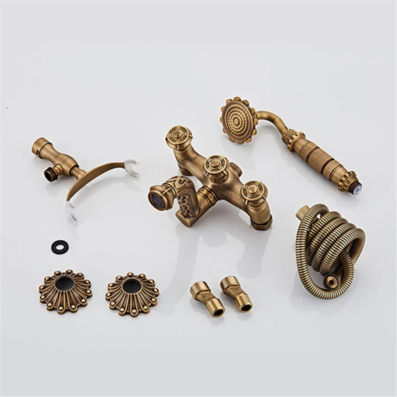 

Bathtub Shower Faucets Antique Brass Pattern Design Wall Mounted Bathroom 360 Rotate Bathtub Faucet Handheld Shower Mixer Taps