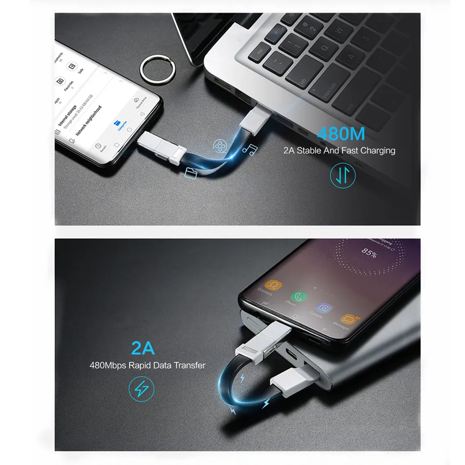 Портативный кабель 3 в 1 для путешествий, кабель usb с подсветкой, кабель usb type C для iPhone huawei P20 P30 Pro, кабель для зарядки ключей