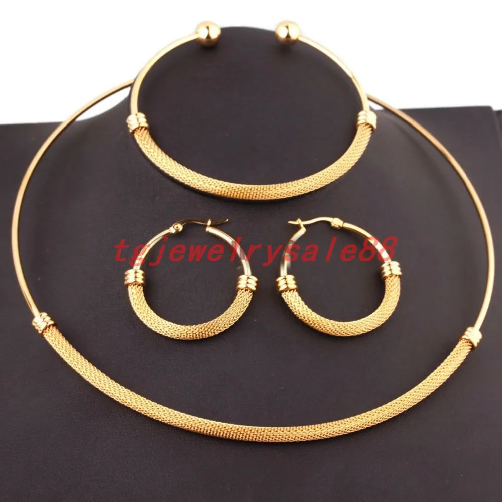 

Top Hot Sale Loveliness Women's Girl's Stainless Steel Choker Collar Necklace Bracelet Earrings Jewelry Sets Gold Color