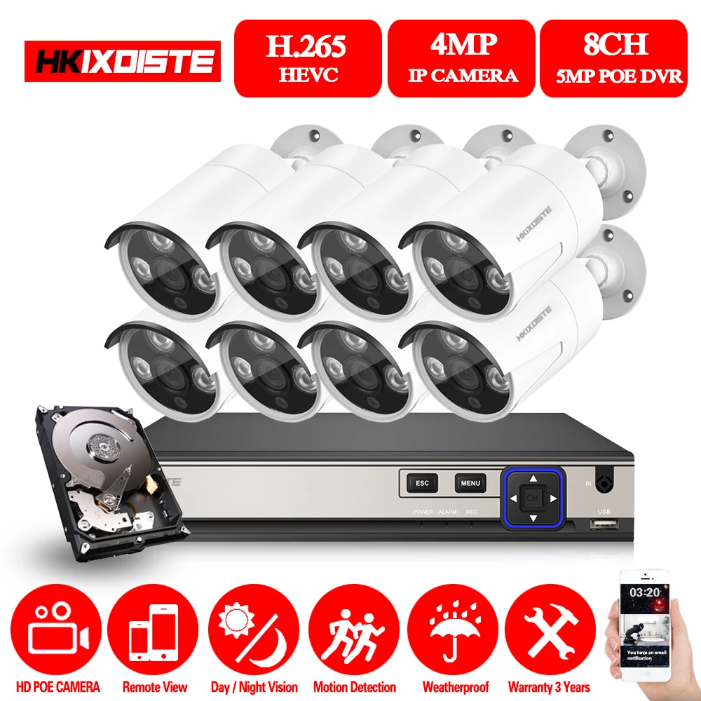 HKIXDISTE 8CH POE CCTV камера система 5.0MP NVR комплект белая 4MP IP для наружного