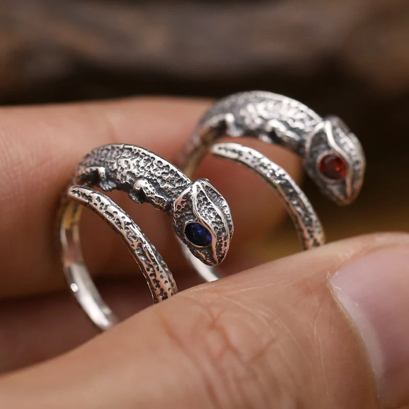 Кольцо ручной работы из серебра 925 пробы в виде Хамелеона винтажное регулируемое