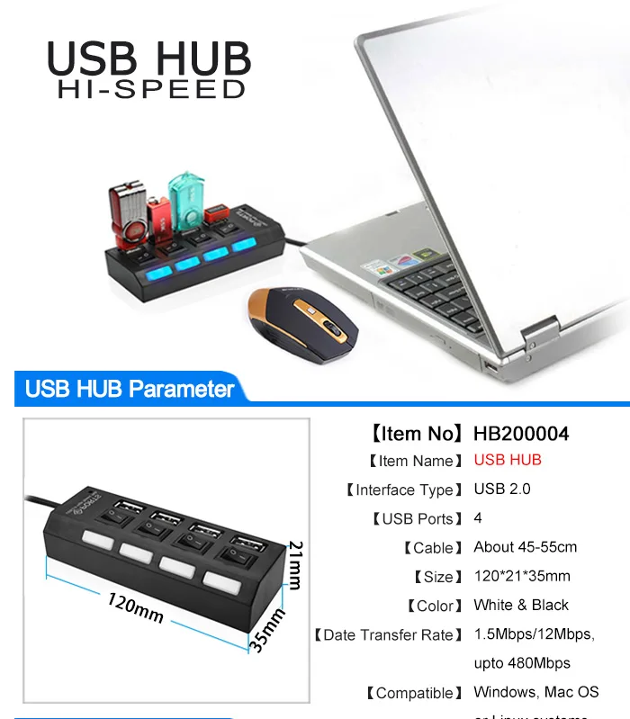 Высокоскоростной USB концентратор Мини 4 порта светодиодный USB 2,0 концентратор 480 Мбит/с концентратор USB вкл/выкл переключатель для ПК ноутбук периферийное устройство компьютера аксессуары