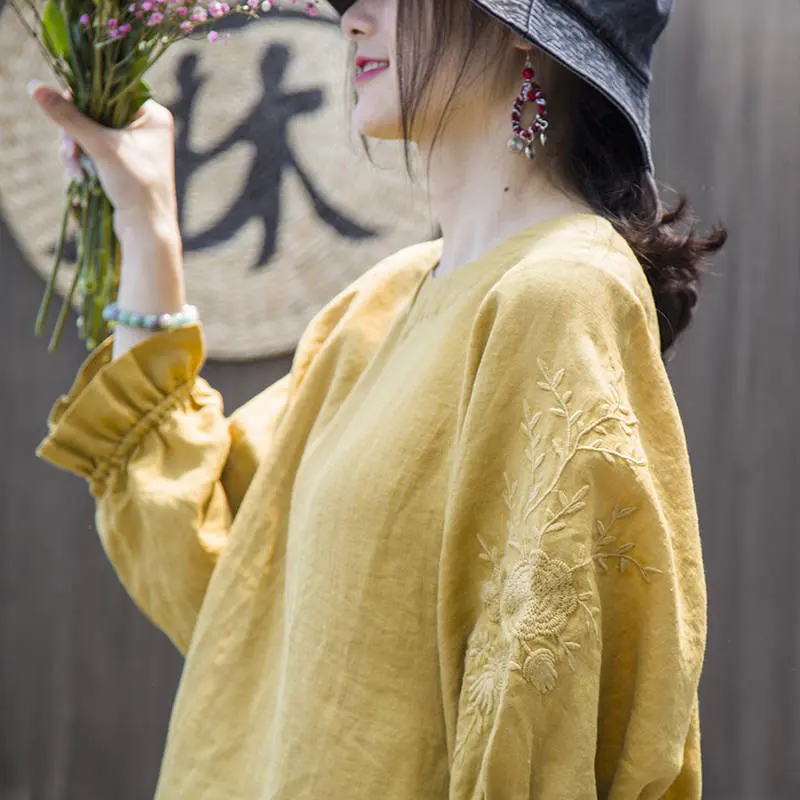 

F&je New Summer Women Tshirt Plus Size Flare Sleeve Embroidery Vintage Tops Tee Shirt Femme Cotton Linen O-neck Tshirts HXJ16