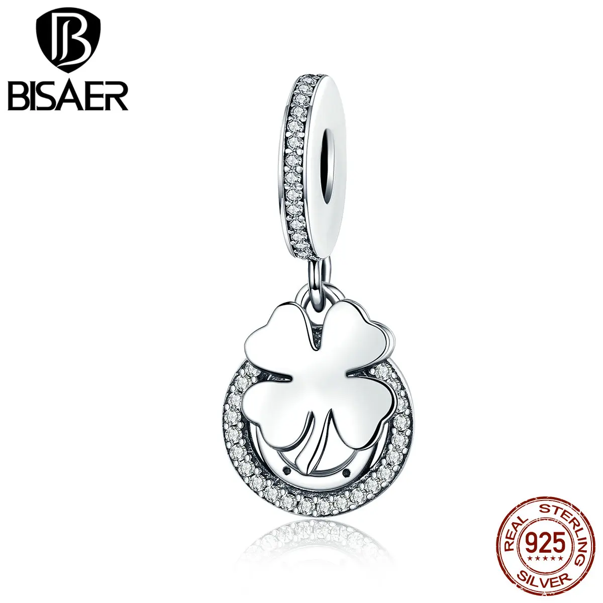 BISAER 925 пробы Серебряный счастливый цветок клевера CZ подвеска талисманы подходит браслет Дружба бусины с клевером для изготовления ювелирных изделий EDC117