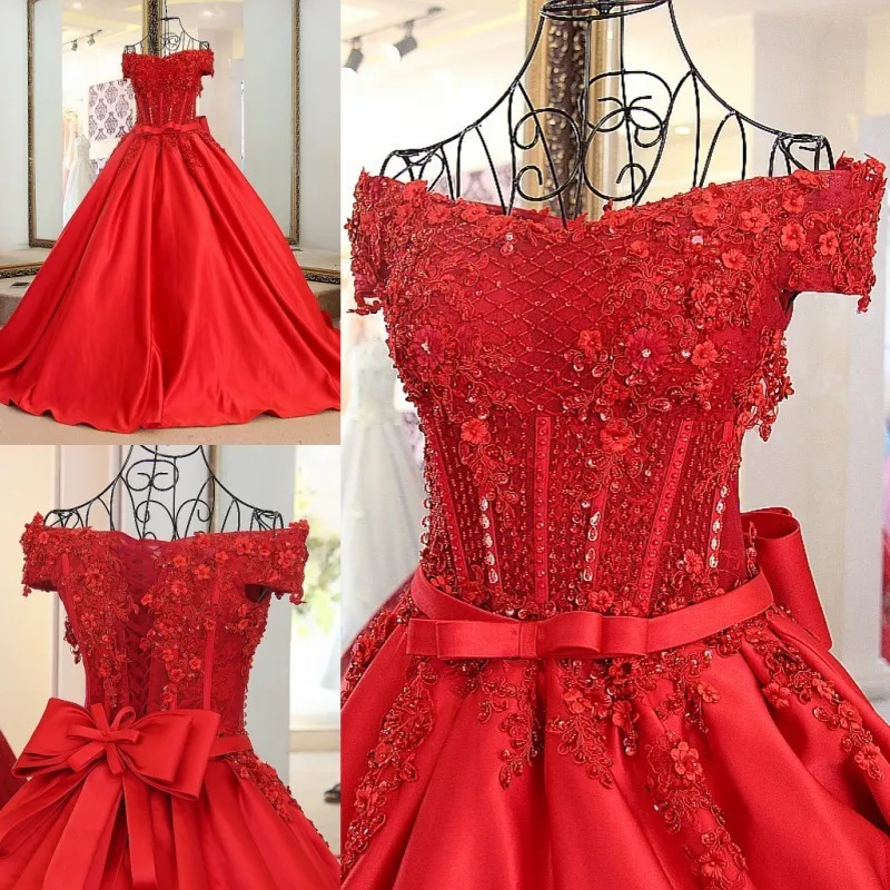 Luxury red dress evening with crystals satin sweetheart off the shoulder short sleeves corset back long party 2018 | Свадьбы и