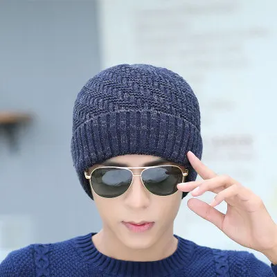 BING YUAN HAO XUAN Зимние шапки Skullies Gorros зимняя шапка Gorros для мужчин и женщин шерстяной шарф Балаклава маска Gorras капот вязаная шапка - Цвет: Navy  hat
