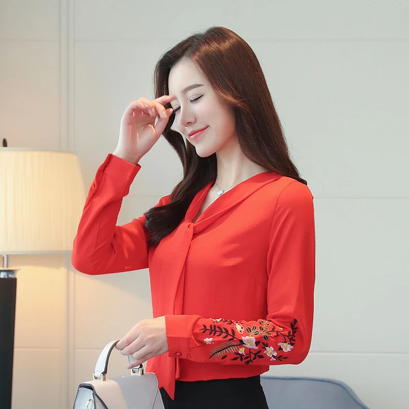 Шифоновые блузки рубашки новинка 2018 весна осень женская мода v образный вырез