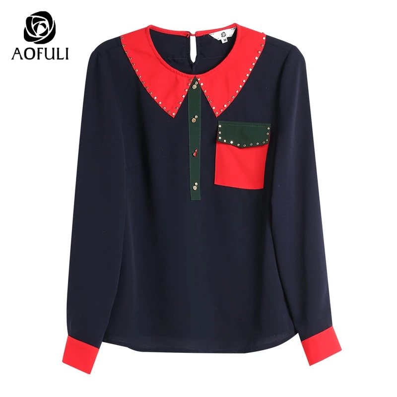 AOFULI L- 3XL 4XL 5XL Rivet Plus size blue shirt Autumn long sleeve blouse Contrast patchwork women pocket tops A3698 |