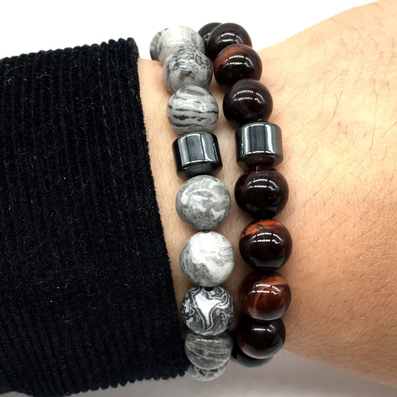 Stone Beads Gray Domineering Men's Bracelet Natural Beaded Classic Fashion Jewelry | Украшения и аксессуары