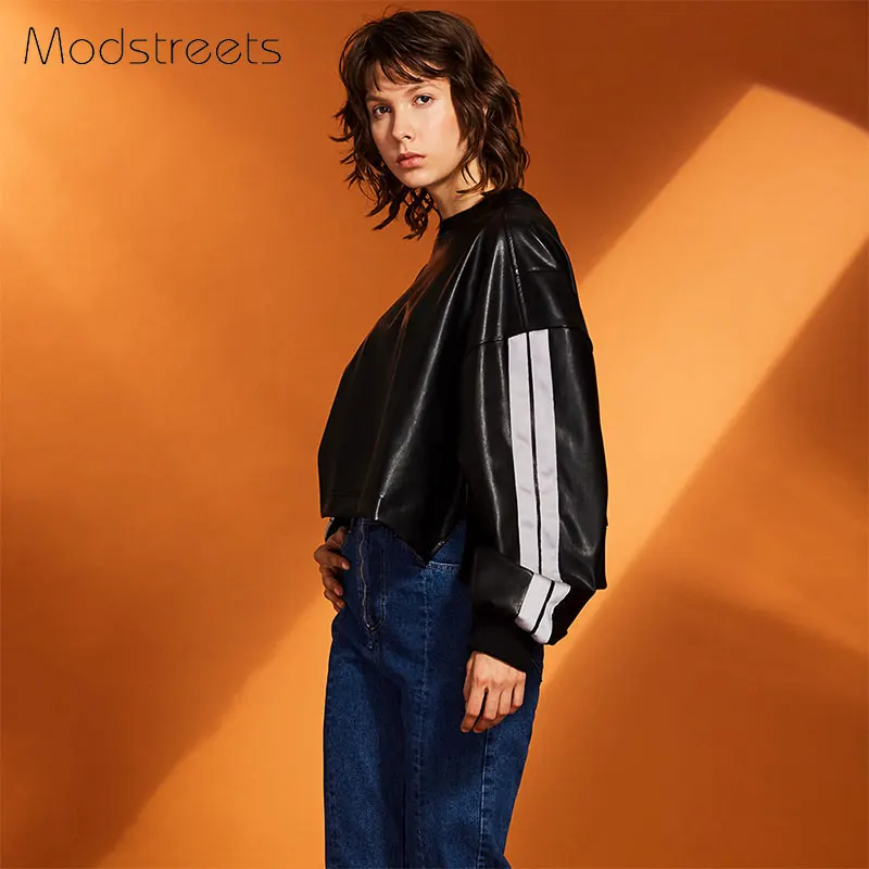 Женские толстовки с капюшоном Modstreets черные из искусственной кожи длинным