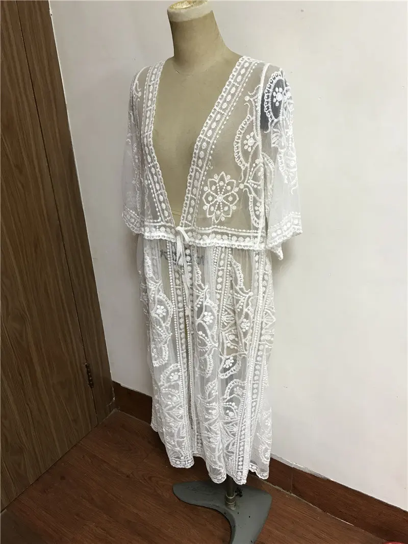 white Летние женские топы Spicylace, Солнцезащитная блуза, кардиган со средним рукавом, рукав летучая мышь, топы, Пляжная кружевная Открытая Длинная блузка, праздничная - Цвет: white