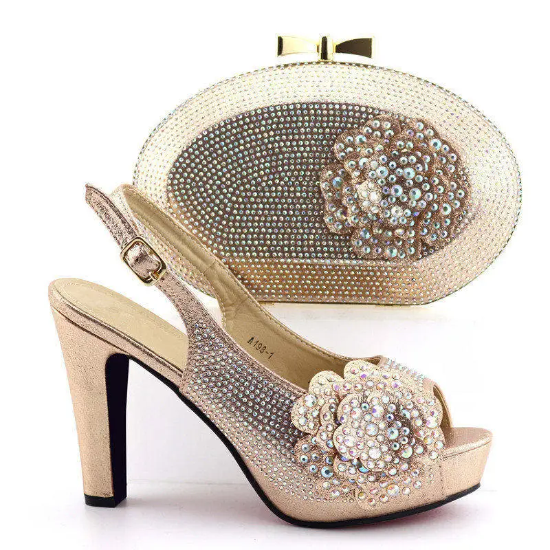 Champagne Capputine/Новые модные женские туфли зеленого цвета с кристаллами и сумочка в комплекте; женские вечерние туфли в итальянском стиле и сумочка в комплекте - Цвет: Champagne
